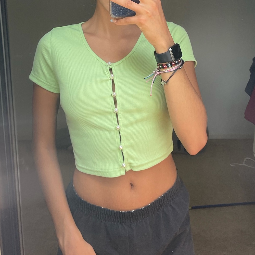 Lime Green Pearl Button Up Crop Top